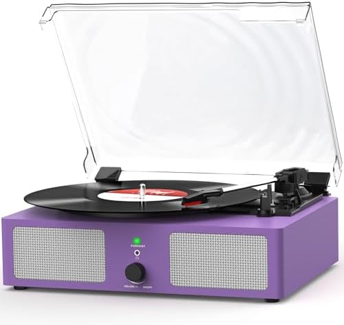 Vinyl Record Player with Build in Speakers Vintage Portable Turntable Supports Bluetooth Receiver USB Input,AUX Input,RCA Line Out,3 Speed and Headphone Jack Purple