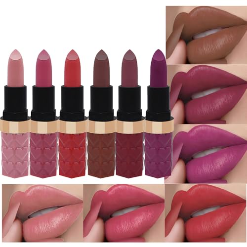 6 Pcs Nude Pink Red Purple Brown Lipstick Matte Sets,Light to Dark Velvet Lipstick for Women Long Lasting Waterproof 24 Hours Lip Stick Lip Stain Makeup Gift Sets,labiales mate 24 horas originales
