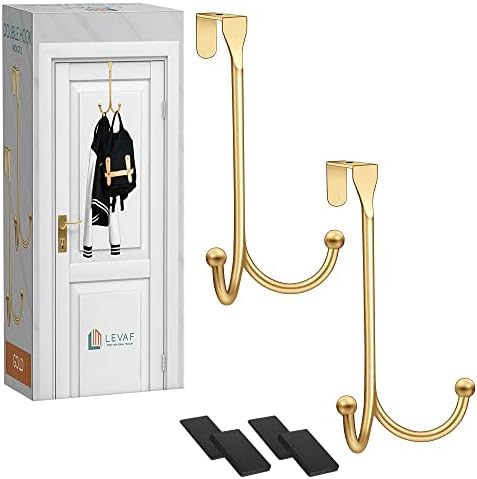 2-Pack Over The Door Hooks - with 2 Hang Heads & Snug Fit Pads Heavy Duty Hook for Hanging Coats, Towels, Caps & Robes - Elegant Matt Finish - No Drill Hanger Organizer - Gold