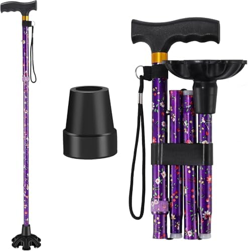 Walking Cane ATMTV Cane for Woman | Mobility & Daily Living Aids | 5-Level Height Adjustable Walking Stick | Comfortable Plastic T-Handle Portable Folding Cane with Replace Tip Purple Flower