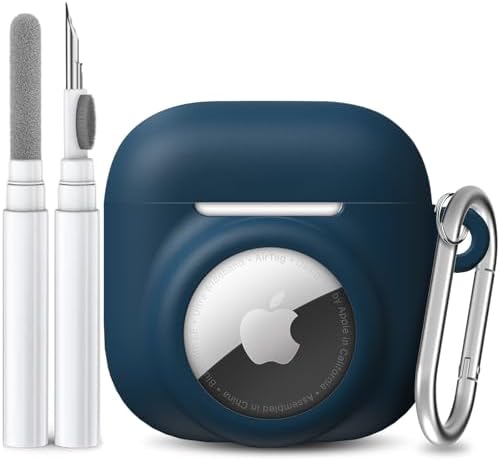2 in 1 Silicone Case Compatible with AirPod 4 and AirTag, Shockproof Protective Skin Cover for AirPods 4th Generation with Cleaner Kit & Carabiner (Dark Blue)