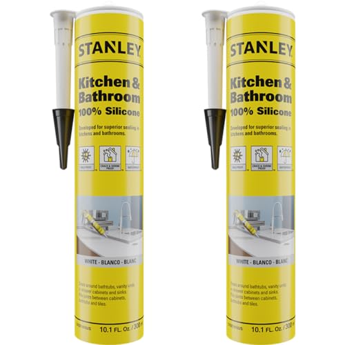 Stanley Kitchen & Bathroom 100% Silicone Caulk - 2X10.1 fl. oz. Clear, 100% Waterproof Sealant and Adhesive for Kitchen and Bathroom, Bathtub, Shower and Sink, 2 Pack
