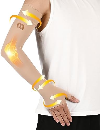 MGANG Lymphedema Compression Arm Sleeve with Gauntlet for Women Men, Opaque, 20-30 mmHg Medical Graduated Compression Full Arm Support, Thumb Lymph Edema Arm Sleeve, Pain Relief, Arthritis, Beige M