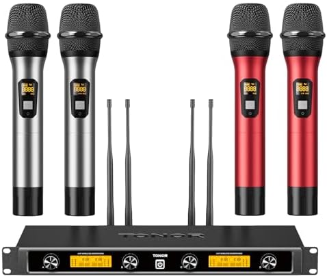 TONOR Wireless Microphones System with 4x10 Channels Dynamic Handheld Mics 4 Antennas for 295FT Long Distance Mic with Adjustable Frequencies Auto Connect for Singing Party Church Karaoke, Silver&Red