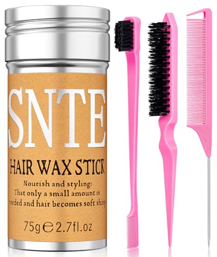 Hair Wax Stick, Slick Back Hair Brush Set 4Pcs, Wax Stick for Hair, Bristle Brush for Flyaways, Teasing Brush for Hair Styling, Edge Brush for Tame Frizz Baby Hair, Rat Tail Combs for Parting