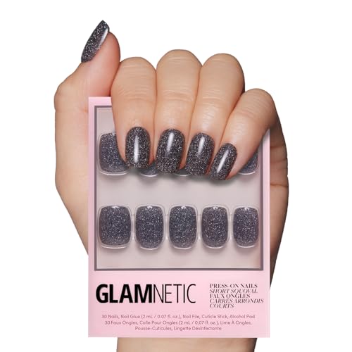 Glamnetic Press On Nails - Cosmic | Semi-Transparent Sparkly Black Short Squoval Fake Nails with a Glossy Finish, Reusable | 15 Sizes - 30 Nail Kit with Glue