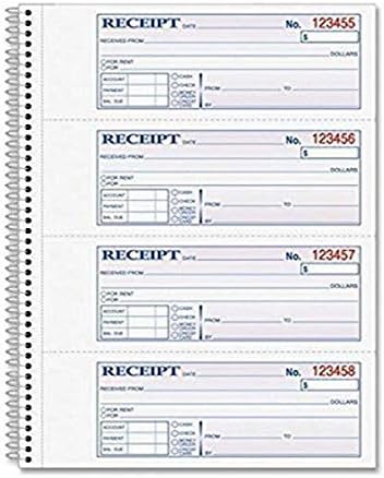 Adams Money and Rent Receipt Book, 2-Part Carbonless, 7-5/8" x 11", Spiral Bound, 200 Sets per Book, 4 Receipts per Page (SC1182)