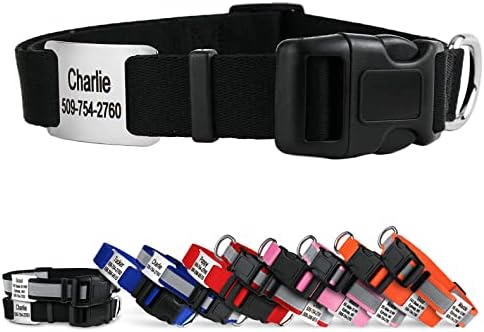 GoTags Personalized Dog Collar with Nameplate, Adjustable Dog Collar with Custom Engraved Slide On Pet ID Tag in Stainless Steel, Silent, No Noise Dog Tag for Large Medium and Small (Black, X-Small)