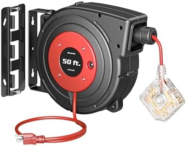 DEWENWILS 50FT Extension Cord Reel, Retractable Extension Cord Reel, 14/3C SJTOW, 6 Grounded Outlets, Twist-lock Stopper, 13A Circuit Breaker, Heavy Duty Power Cord, ETL Listed