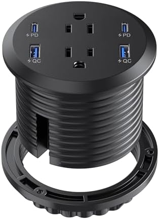 Desktop Power Grommet, 65W USB C Fast Charging Port, Flush Mount Recessed Power Strip 3-inch Hole,2 Outlets,4 USB Ports, Countertop Outlet (Black, 65W USB Port)