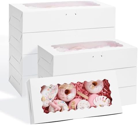 VGOODALL 30PCS Pastry Boxes, 12" x 5.5" x 2.6" White Cookie Boxes with Window Small Treat Boxes Bakery Boxes for Chocolates Strawberries Donuts Muffins Pastries Desserts