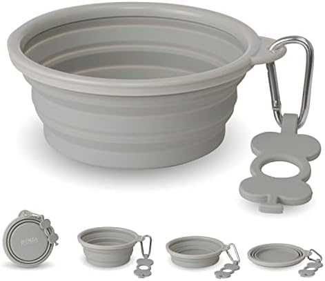 Bonza by Leash Boss Medium Collapsible Dog Bowl 750 mL, Sturdy Reinforced Rim, Includes Carabiner & Water Bottle Holder Keychain, Light Gray