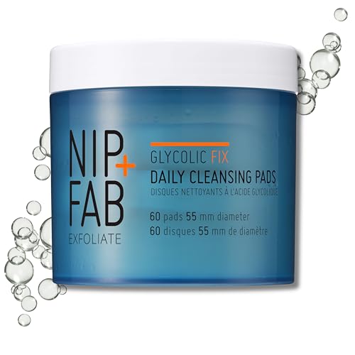 Nip + Fab Glycolic Acid Fix Daily Cleansing Pads for Face with Hyaluronic Acid, Witch Hazel, Exfoliating Resurfacing AHA Facial Cleanser for Exfoliation Even Skin Tone Brighten Skin, 60 Pads