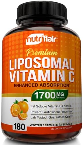 NutriFlair Liposomal Vitamin C 1700mg, 180 Capsules - High Absorption, Fat Soluble VIT C, Antioxidant Supplement, Higher Bioavailability Immune System Support & Collagen Booster, Non-GMO, Vegan Pills