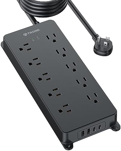 TROND Power Strip Surge Protector, Flat Plug 15ft Long Extension Cord, 10 Widely Spaced AC Outlets, 2 USB A & 2 USB C Ports, 4000J, ETL Listed, Wall Mountable, for Home Office Entertainment, Black