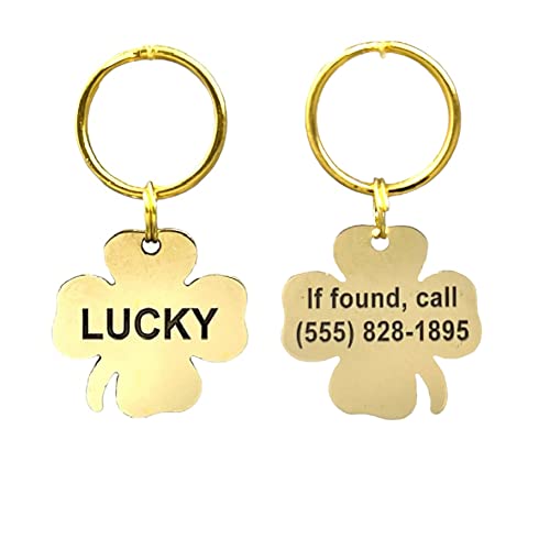BRASS FOUR LEAF CLOVER ENGRAVED Personalized Pet ID Tags, Dog, Cat, Horse, Pig, Ferret Tags, Engraved on Both Sides