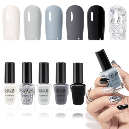Gellen Nail Polish Set, Quick Air Dry Nail Polish Black White Gray Glitter 6 Colors Trendy Regular Nail Polish Kit for Nail Manicure DIY Art Home Salon Fall Winter, No UV Light Needed, 0.33 oz