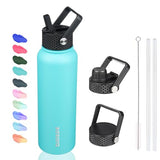 BJPKPK Insulated Water Bottles with Straw Lid, 40oz Stainless Steel Water Bottles with 3 Lids, Large Metal Water Bottle, BPA Free Leakproof Thermos Water Bottle for Sports & Gym- Turquoise