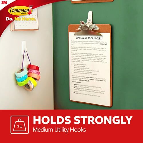 Command Medium Utility Hooks, 20 Hooks and 24 Command Strips, Damage Free Hanging Wall Hooks with Adhesive Strips, No Tools Adhesvie Hooks for Hanging Christmas Decorations, Holds up to 3 lb