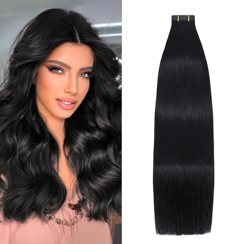 Tape in Hair Extensions 1 Jet Black 100% Remy Human Hair Extensions Silky Straight for Fashion Women 20 Pcs/Package(14Inch 1 30g)