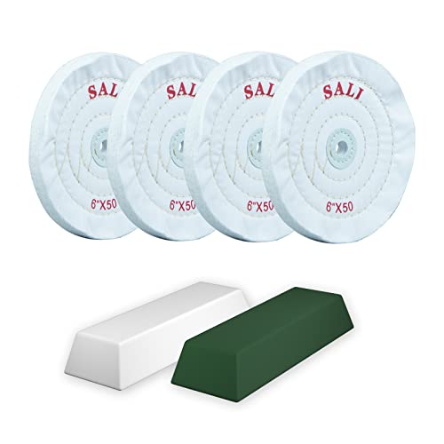 SALI 4 Pack Polishing Wheel for Bench Grinder Buffing Wheel 6 inch White Cotton (50 Ply) for Buffer Polisher Fine Polish Pad 1/2'' Arbor Hole with Polishing Compound Kit