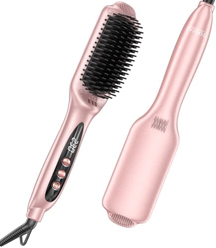 LANDOT Ceramic Hair Straightener Brush: Negative Ion Heated Straightening Brush for Smooth Frizz-Free Hair - Dual Voltage 100-240V Fast Heating Ajustable Temp 250°F-450°F