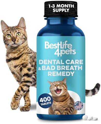 Cat Dental Care & Bad Breath Remedy, Natural Oral Health for Cats Teeth, Mouth, Gums, Daily Cat Breath Freshener, Plaque and Tartar Control Help Gingivitis and Stomatitis, Easy to Use 400 Tiny Pills