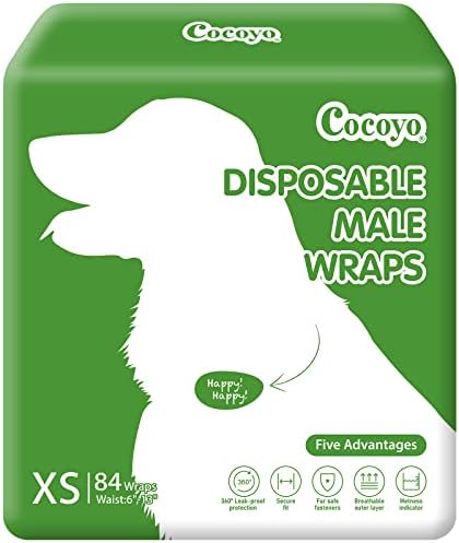 COCOYO Disposable Male Dog Wraps, Extra Small Size, 84 Count, Super Absorbent, Breathable, Wetness Indicator Green
