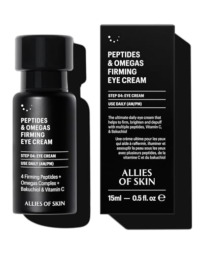 Allies of Skin Peptides & Omegas Firming Eye Cream: Vitamin C, Bakuchiol, Ceramide. For Dark Circles, Wrinkles & Puffiness. Anti-Aging. Firms & Brightens Under Eye Area 0.5 oz / 15 ml