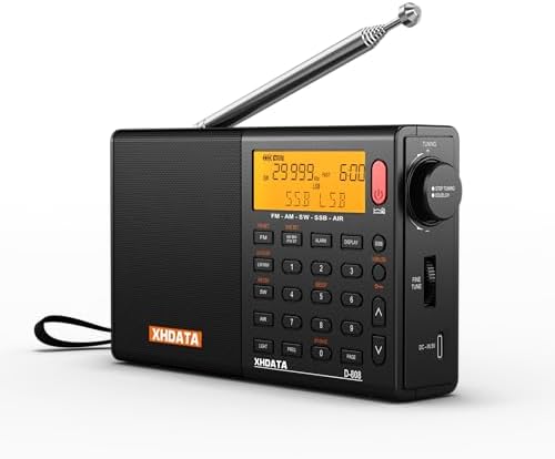 D808 Portable AM FM SW LW Air Band Radio SSB RDS Multi Band Radio Speaker with LCD Display Alarm Clock External Antenna (Black)