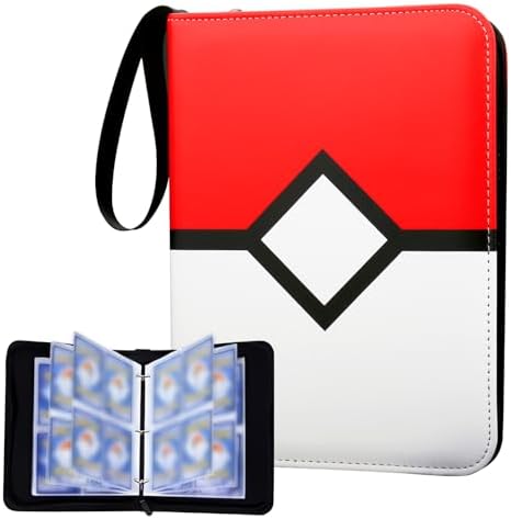 Card Binder with 4 Pockets, Trade Binder Fits 400 Cards with 50 Pages, Portable Collection Card Book, Game Sports Card with Photo Albums with Zipper for Gifts-Red