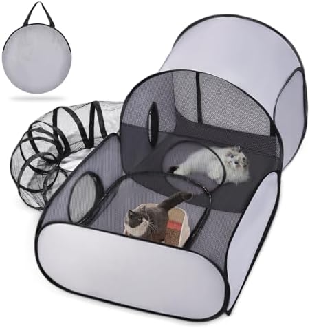 Dog Playpen with Surround Tunnel, Outdoor/Indoor Cat Playpen with Breathable Soft Sides，Tailtastic Cat Enclosure Tent for Small Animals, Portable Cat Tent with Carry Bag (Large)