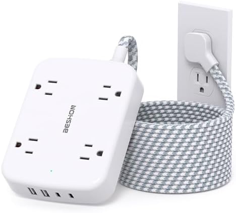 10FT Surge Protector Power Strip, Flat Extension Cord with 2 USB C, Flat Plug Power Strip, 4 Widely Outlets and 4 USB Charging Ports, Outlet Extender, 900 Joules, for Home Office Dorm Room Essentials