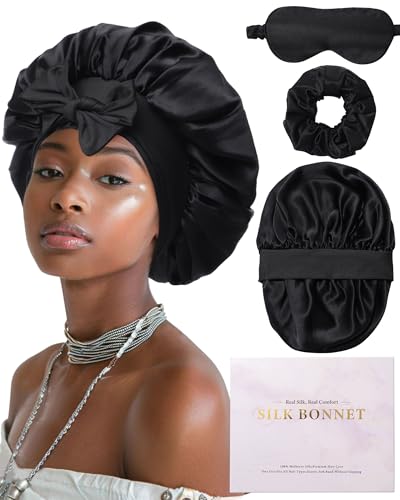 Mulberry Silk Bonnet for Sleeping Women Curly Hair Bonnets with Tie Band Double Layer Reversible Sleep Bonnet Silk Hair Wrap Sleep Cap (Black)