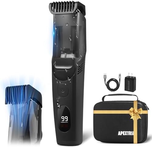 Vacuum Beard Trimmer for Men Rechargeable, IPX6 Waterproof Mustache Trimmer with Adjustable Length Combs (1/25’’-4/5’’), Men’s Electric Stubble Trimmer, Cordless Face Trimmer (Black)