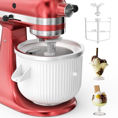 Ice Cream Attachment for KitchenAid Mixer, Ice Cream Bowl Compatible with 4.5Qt and 6QT Or Larger Stand Mixers KitchenAid Attachment, Frozen Yogurt & Sorbet Gelato Maker Attachment, 2 Qt White