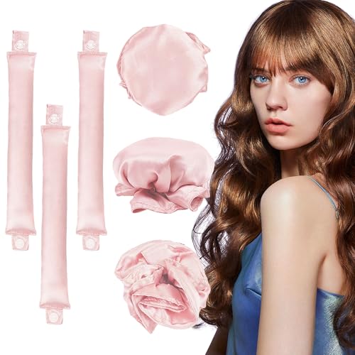 6 Pcs Heatless Hair Curling Set with Satin Overnight Headbands - Creates Beautiful Curls Without Heat Damage (pale pink)