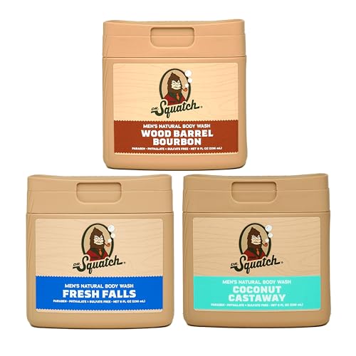 Dr. Squatch NEW Natural Body Wash for Men - Non-Exfoliating - Wood Barrel Bourbon + Fresh Falls + Coconut Castaway (8 oz, 3 Pack)