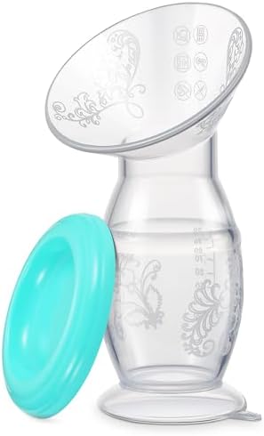 Manual Breast Pump, 4oz Food-Grade & BPA Free Silicone Pump with Lid, Breast Milk Collection, One-Size-Fits-All, High-Temperature Resistant, No-Leak Design (Cyan)