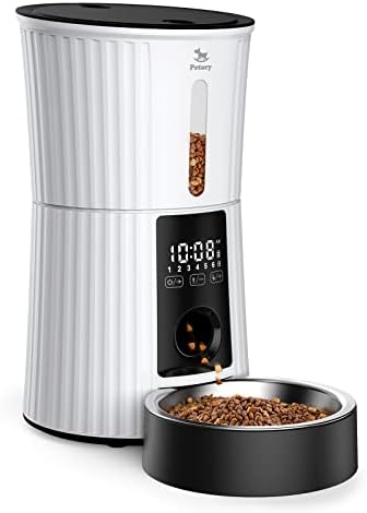 Petory Timed Automatic Cat Feeders - 4L Programable Dry Food Dispenser for Cats and Small Medium Dogs 6 Meals with Desiccant Bag Dual Power Supply 10S Voice Recorder