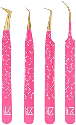 M LASH Tweezers for Eyelash Extensions (Set of 4) - Professional Lash Extension Tweezers - Fiber Tip, Japanese Steel, Diamond Grip Eyelash Extension Tweezer (PW)