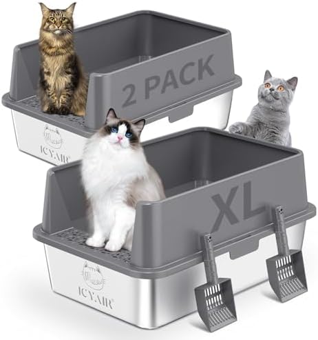 2PACK Stainless Steel Cat Litter Box with High Sides Lid, Extra Large XL Litter Box for Big Cats,Open Top Metal Kitty Litter Box with Anti-Leakage Enclosure,Non-Stick,Odorless,Scoop Included