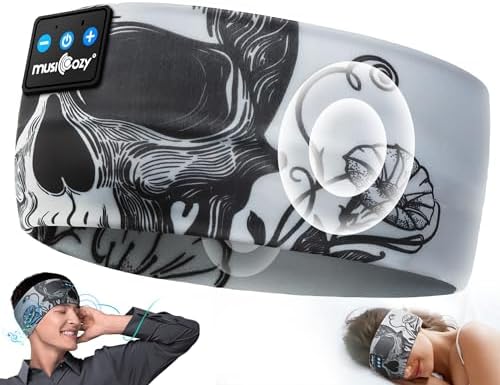 MUSICOZY Sleep Headphones Bluetooth Headband, Wireless Sleeping Headphones Music Sport Headbands, Long Time Play Sleeping Headsets Built-in Thin Speakers(Skulls Design)
