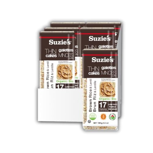 Suzie's Organic Lentil & Brown Rice Cake Thins|6 Pack|USDA Organic, NON-GMO, Fat-Free, Sugar-Free, Gluten-Free|Low-Calorie Snack-16 Calories Per Slice|Bread & Cracker Replacement