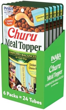 INABA Churu Meal Topper for Dogs, Complete & Balance, Creamy, Lickable Purée Dog Food Topper, 0.5 Ounce Tube, 24 Tubes (4 per Pack), Chicken with Cheese Recipe