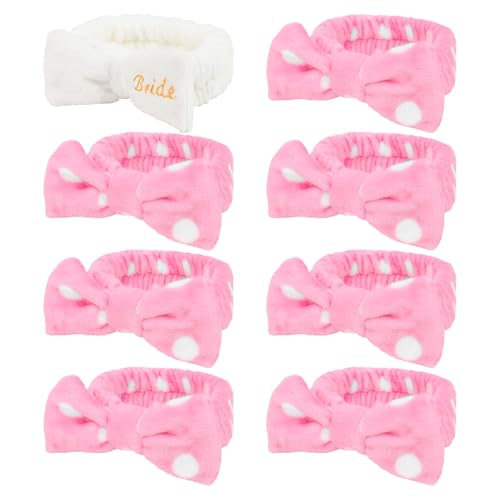 Semato Bachelorette Party Favor Set Bride Spa Headband Bride Headband and Bridesmaid Headband Skincare Headbands for Women Cute Bow Head Bands Party Supplies (1 bride+ 7pink dot)