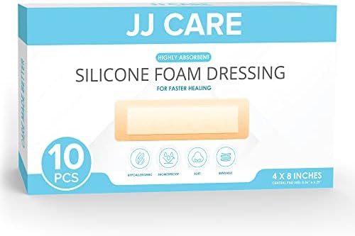 JJ CARE Silicone Foam Dressing 4x8 [Pack of 10], Silicone Bandages for Wounds, Waterproof Foam Dressing with Adhesive Border, Absorbent Bed Sore Bandages for Wound Care