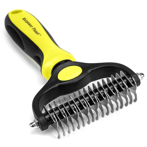 Maxpower Planet Pet Grooming Brush - Double Sided Shedding, Dematting Undercoat Rake for Dogs and Cats - Extra Wide Dog Grooming Brush - Yellow