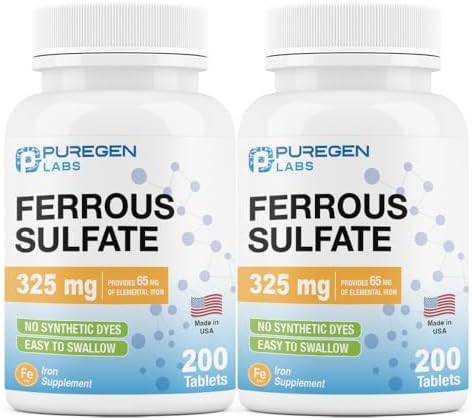 Puregen Labs Ferrous Sulfate 325 mg (65 mg Elemental Iron) High Potency Iron Supplement | No Artificial Color Additives - Total 400 Tablets Made in USA