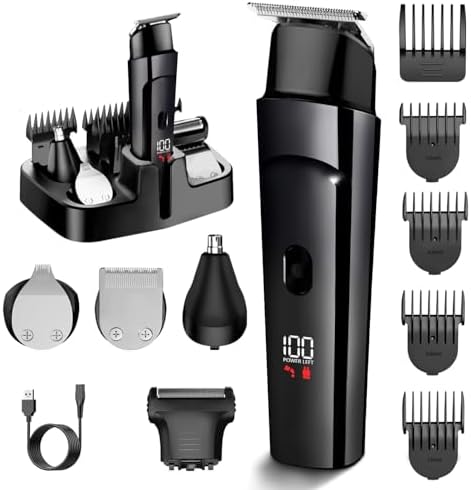 Beard Trimmer for Men - 5 in 1 Kit Electric Razor, Nose Hair Trimmer with LED Display, Cordless Mustache Body Face Grooming Kit, Waterproof Rechargeable Beard Shaver